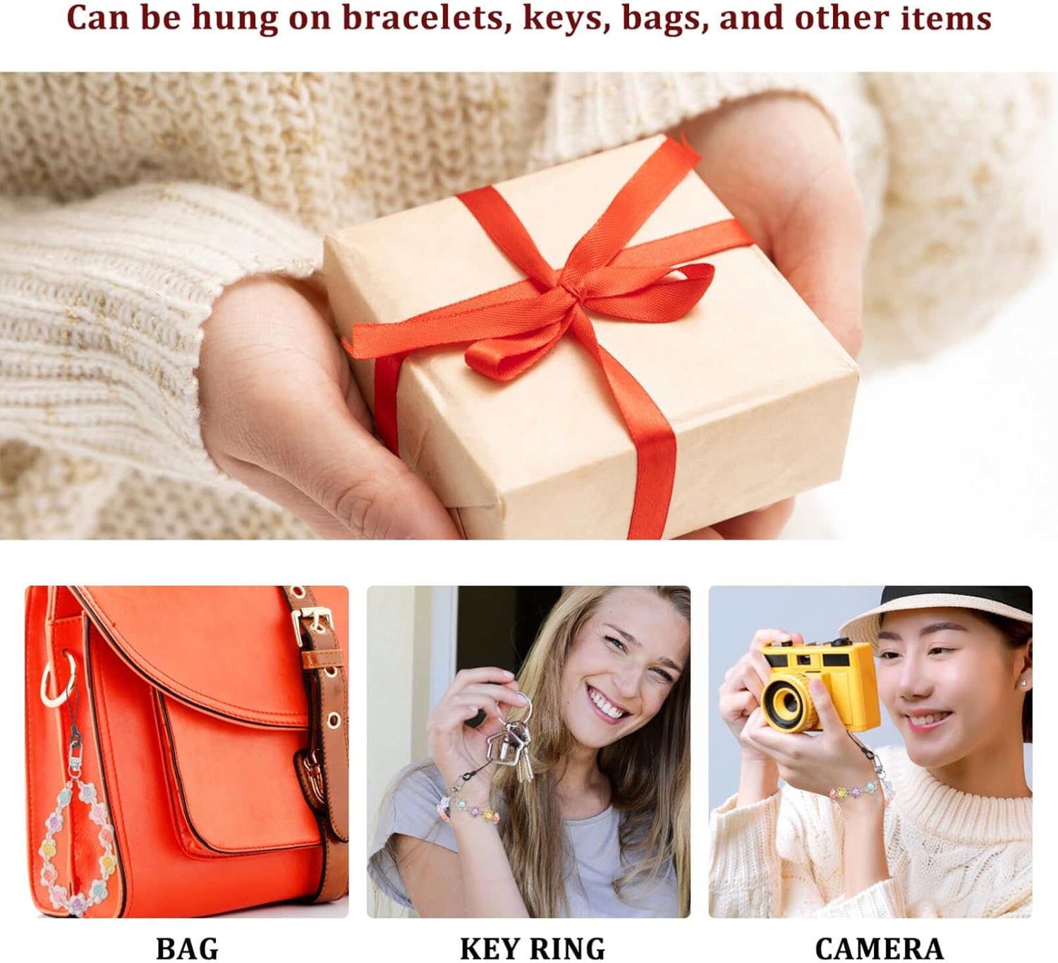 UKCOCO 2 correas de muñeca con cuentas para teléfono, bonitos dijes de flores para teléfono, llavero antipérdida para mujeres y niñas, Acrílico, No