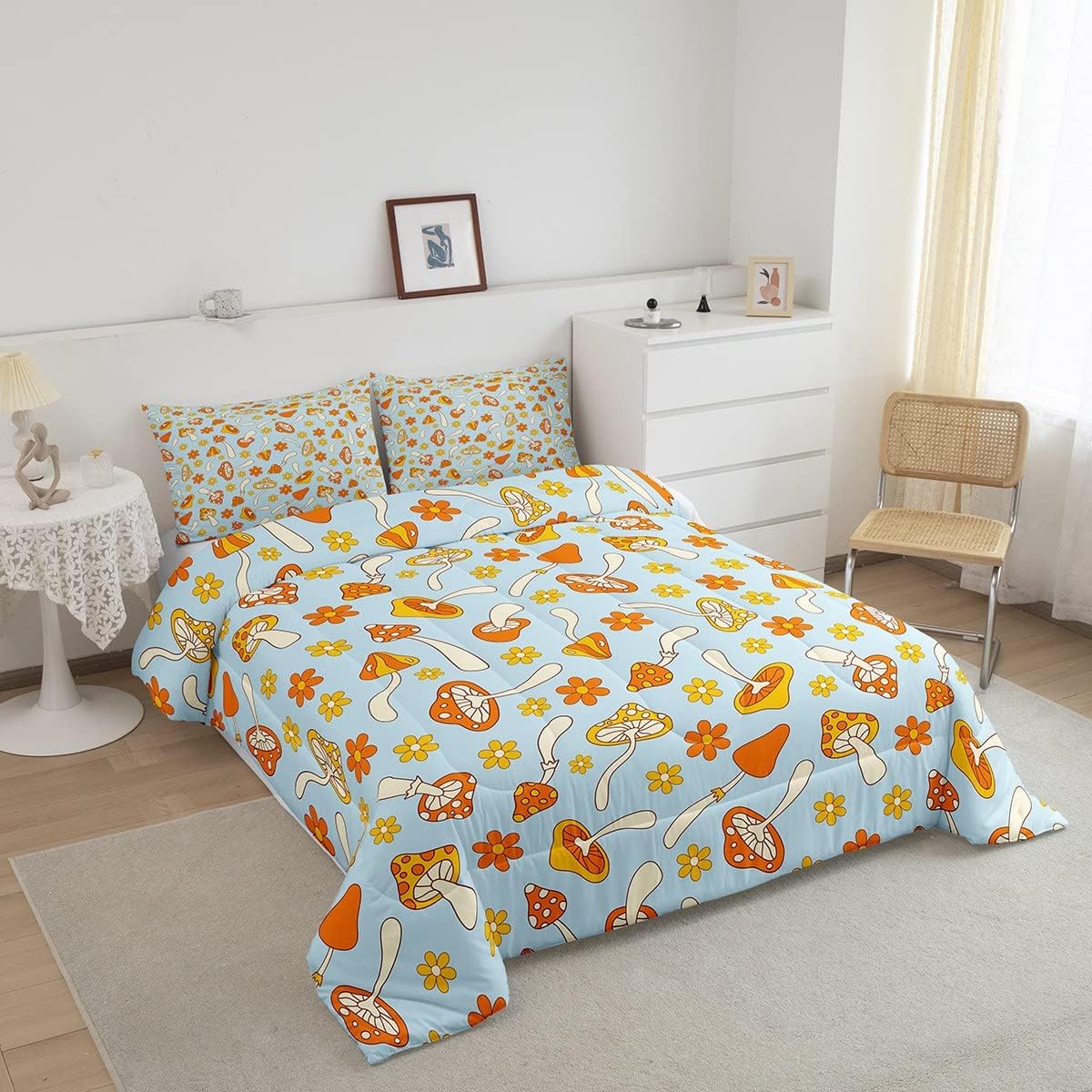 Erosebridal Juego de ropa de cama con diseño de hongos hippie para niños, diseño floral, bohemio, retro, de los años 70, decoración de edredón,