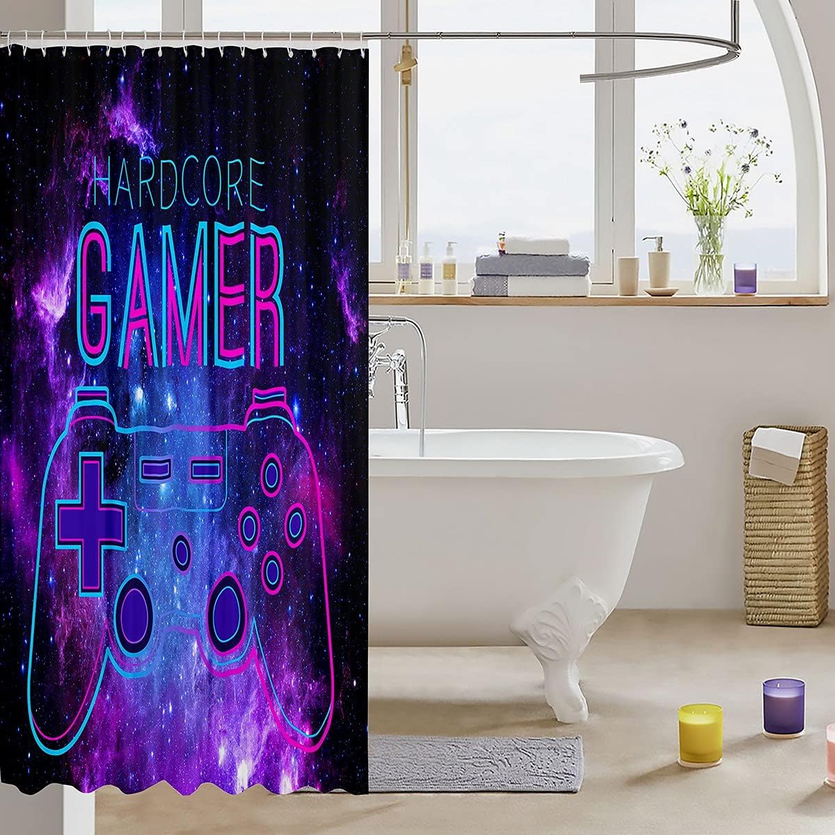 Feelyou Cortina de ducha con estampado de consola de videojuegos para niños, con 12 ganchos, control de videojuegos, cielo estrellado, juego de