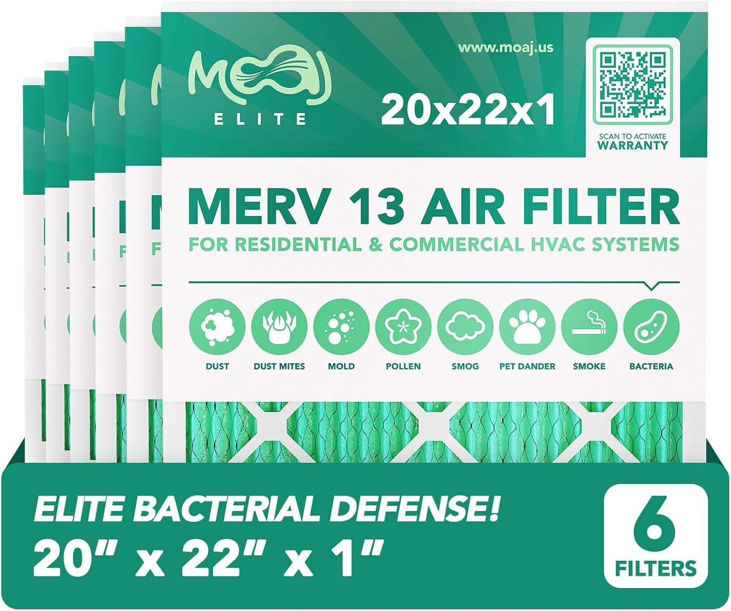 Filtro de aire de 20 x 22 x 1 (paquete de 6)  MERV 13  MOAJ Elite Bacterial & Viral Defense  Con base en Estados Unidos  Filtros de aire de repuesto