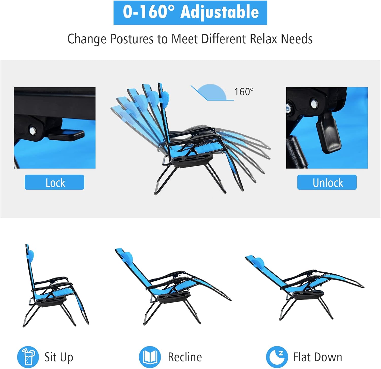 Tangkula Juego de 2 sillas de gravedad cero, silla plegable para patio, reclinable, ajustable, con soporte para tazas, reposabrazos anchos para