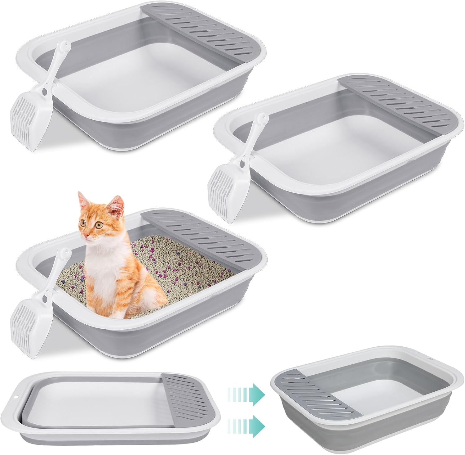 Mifoci 3 cajas de arena plegables para gatos de 17.7 x 13.4 pulgadas con cuchara, caja de arena pequeña plegable para gatos, bandeja