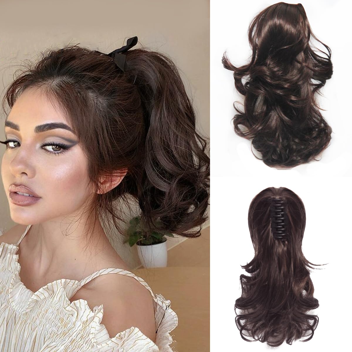 shufang Extensión de cola de caballo corta con clip de garra, cordón de sujeción de mandíbula falsa, pieza de cabello ondulado, cola de caballo