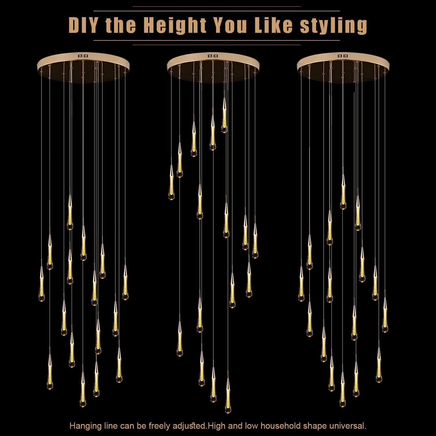 16-Light Gold Staircase Chandelier, Adjustable 128″ High Ceilings Light Fixture Crystal Raindrop Glass Large Long LED Chandeliers for Entryway