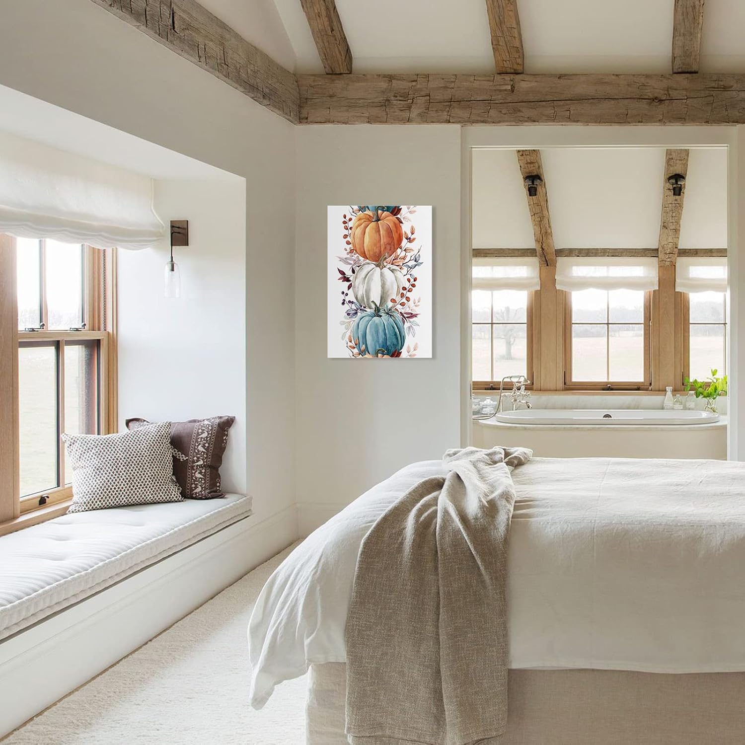 Decoración de pared, lienzo de Acción de Gracias con hojas de eucalipto azul y naranja, arte de pared para dormitorio, sala de estar, baño, cocina,
