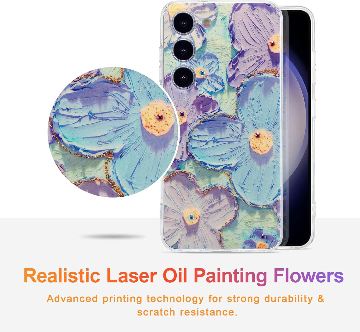 EYZUTAK Funda para Samsung Galaxy S23 Plus, colorida pintura al óleo retro flor láser brillante linda exquisita flor floral funda protectora