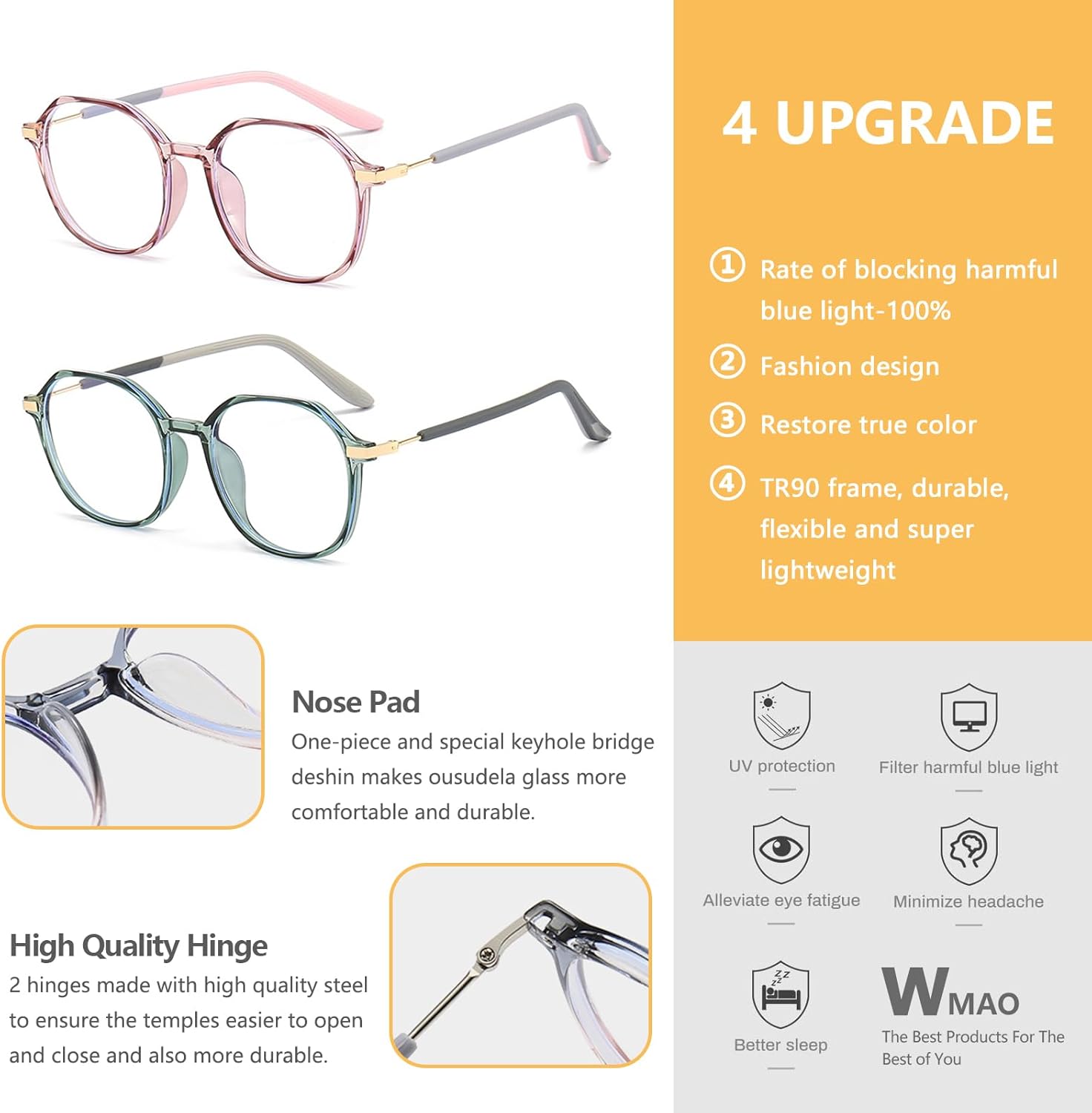 WMAO Lentes de bloqueo de luz azul, de gran tamaño, retro de los años 60, antifatiga ocular y protección UV, montura TR90
