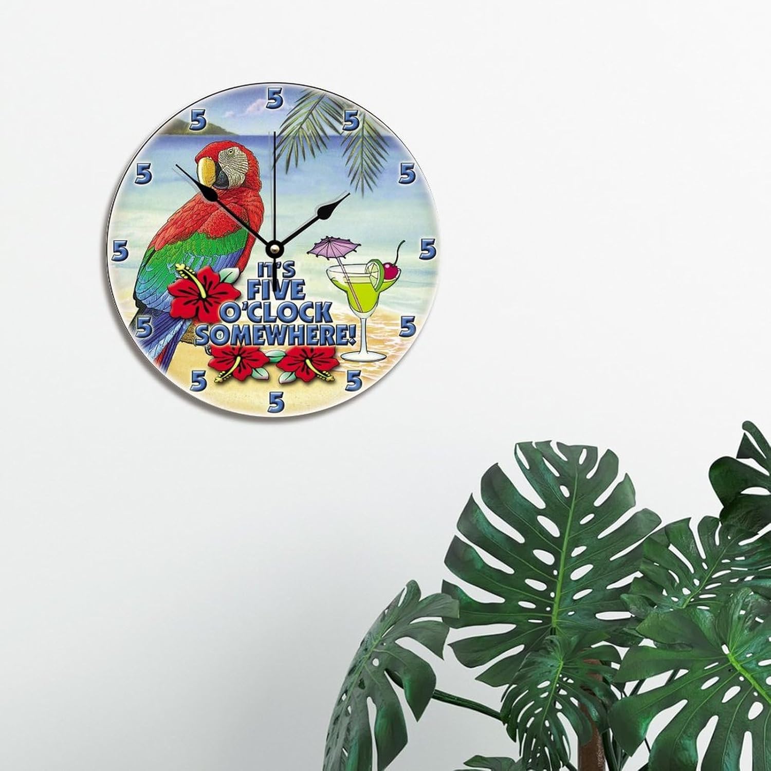 ArogGeld Reloj tropical en algún lugar de madera, reloj de pared de madera, funciona con pilas, 12 pulgadas, sin tictac, moderno, para sala de