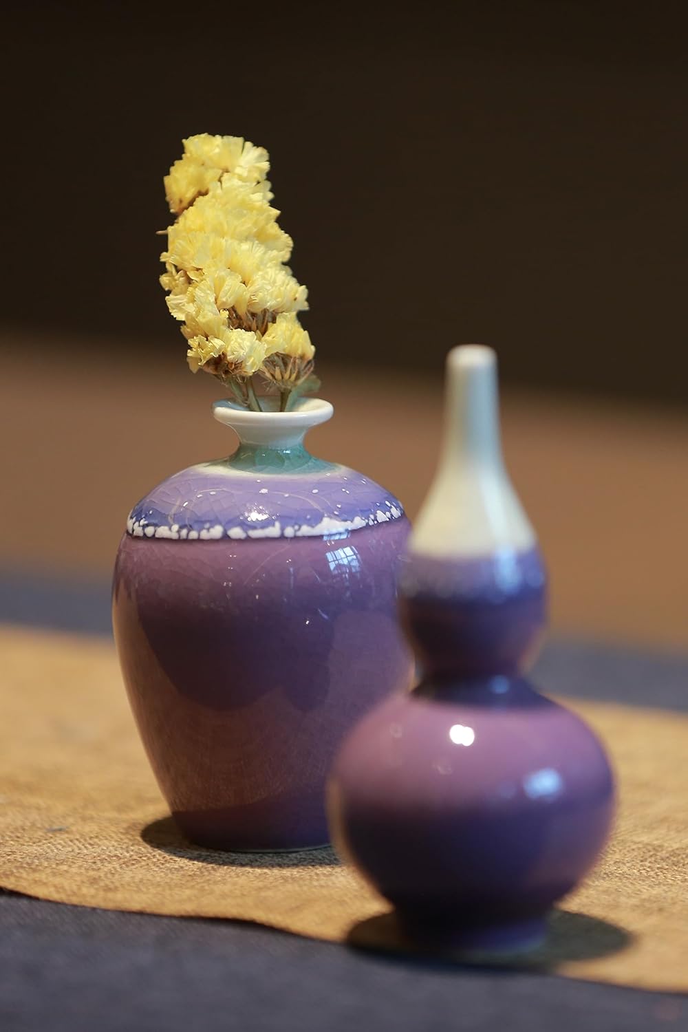 Juego de 2 mini jarrones de cerámica de porcelana esmaltada estilo morado (flor seca) para decoración del hogar y la oficina, sala de estar,