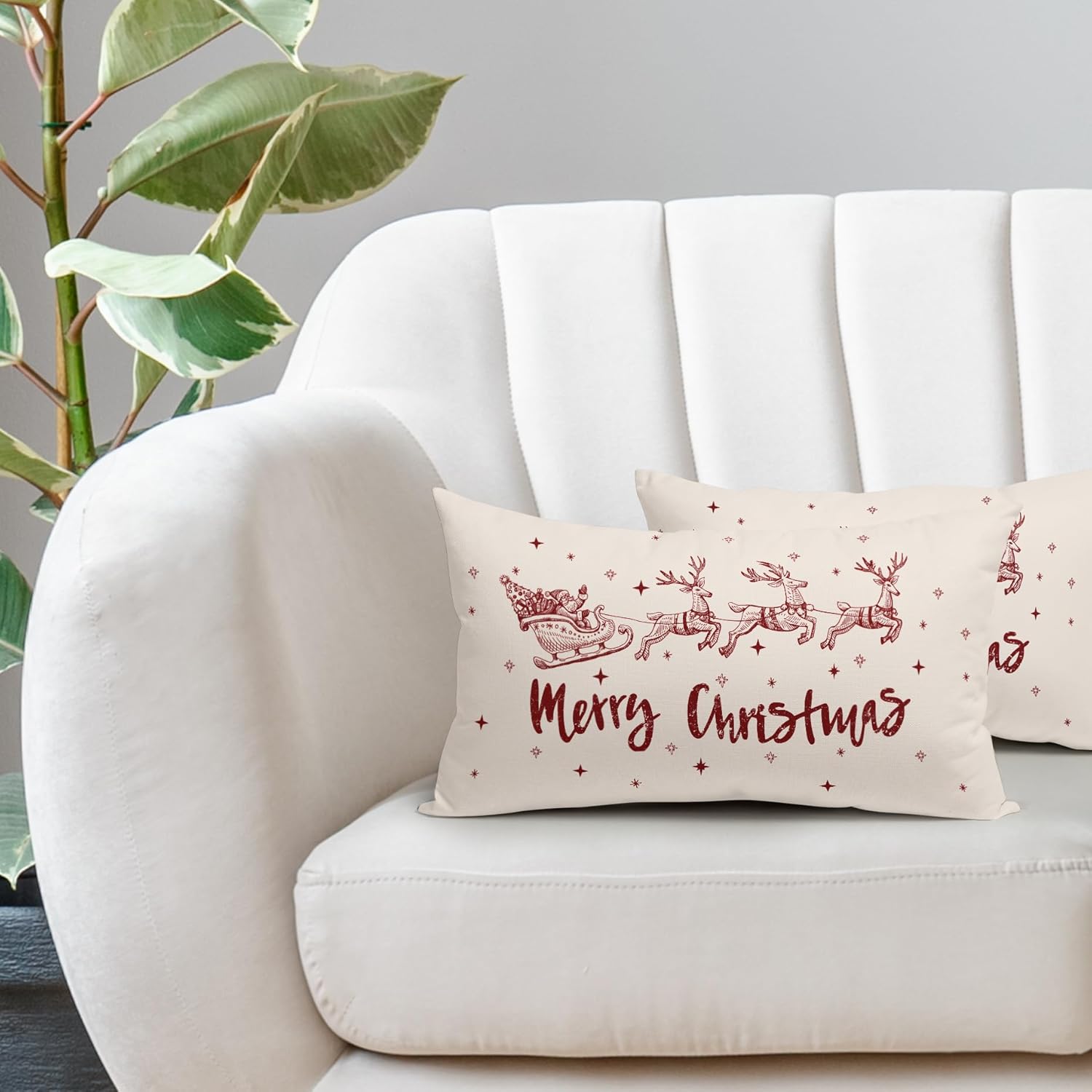 Juego de 2 fundas de almohada lumbar de Navidad de 12 x 20 pulgadas, diseño de ciervos y Papá Noel, fundas de almohada decorativas de lino de