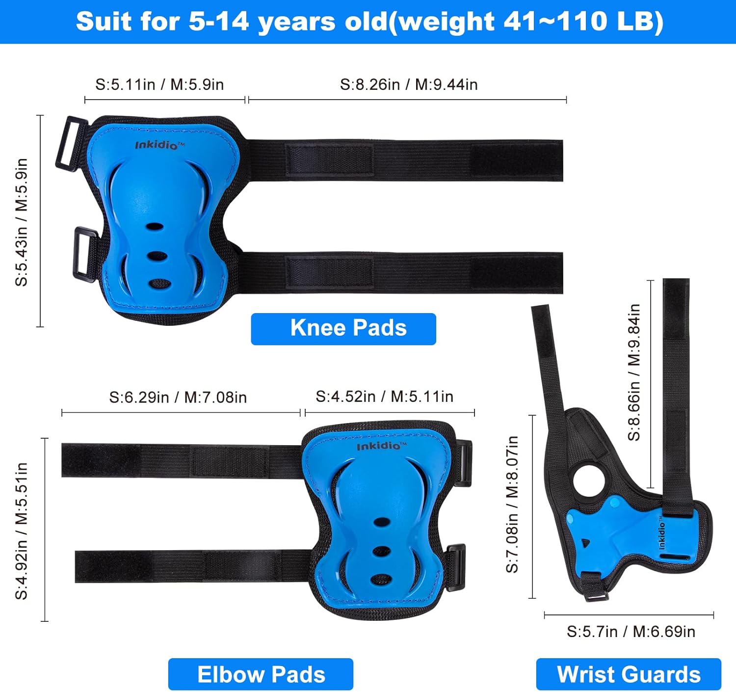 Inkidio Rodilleras para niños, conjunto de equipo de protección con rodilleras, coderas y muñequeras, ideal para niñas, niños, patinaje, patineta,