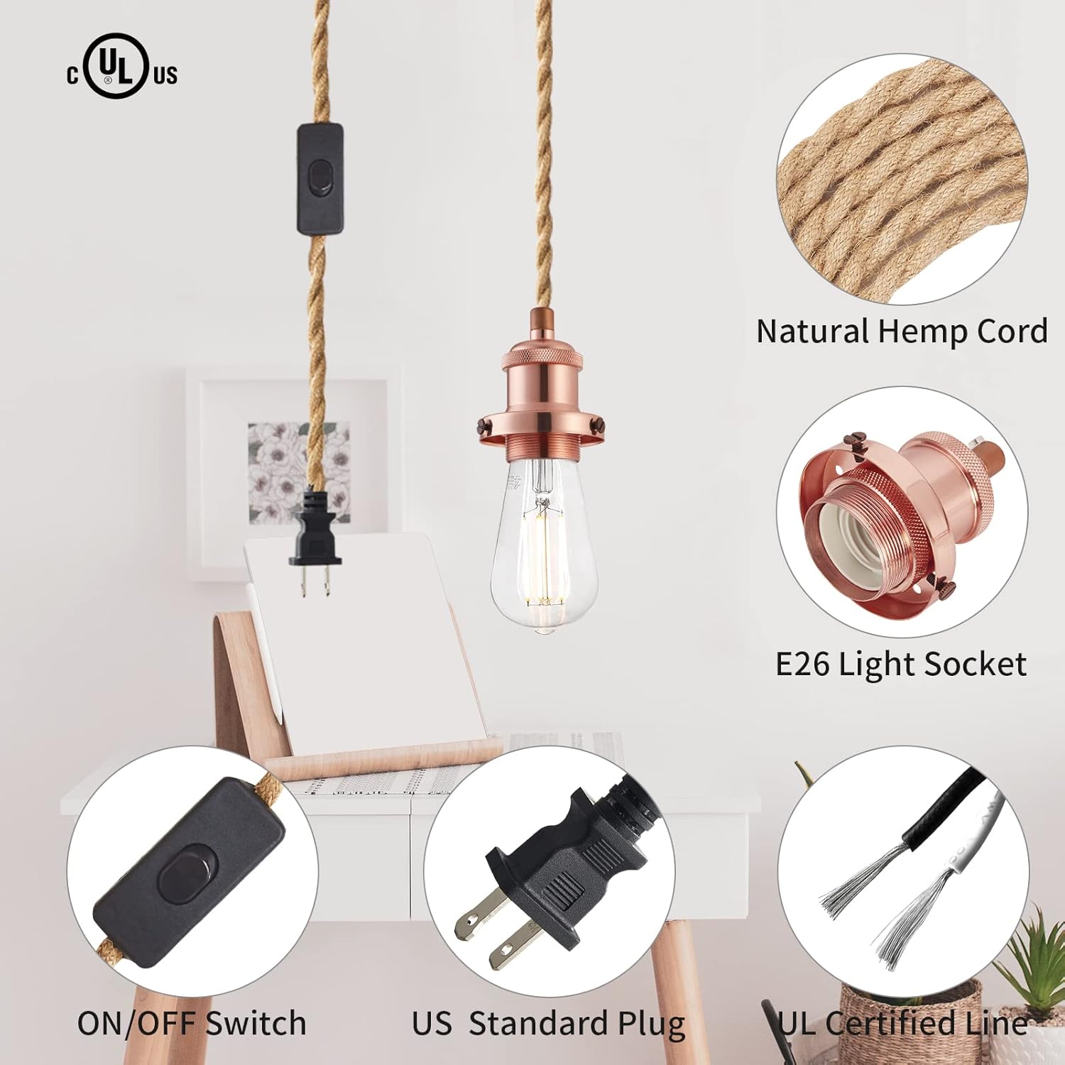 Kit de cable de luz colgante de 15.4 pies, enchufe industrial vintage E26 con interruptor, lámpara colgante de cuerda de cáñamo para lámpara
