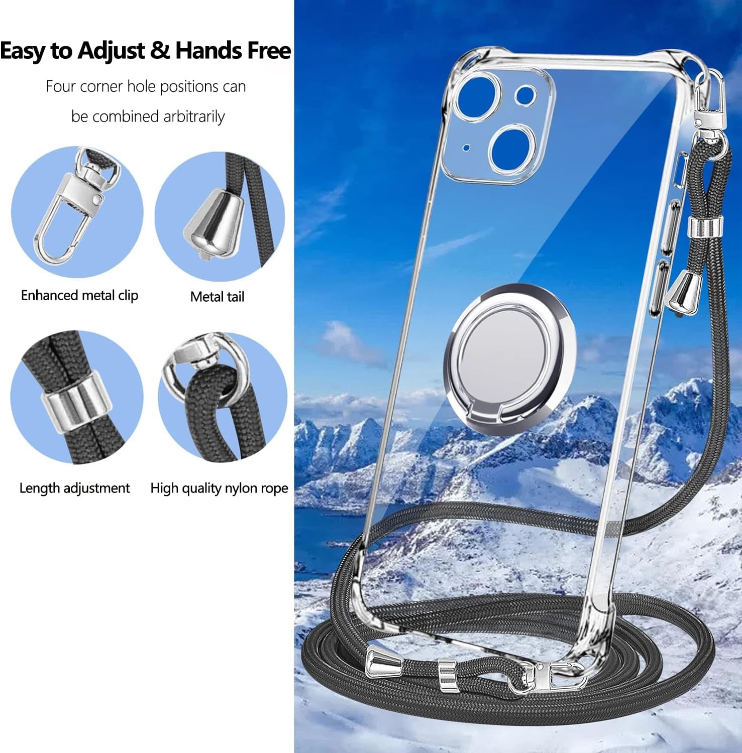 Diseño para iPhone 15 Plus, transparente, transparente, a prueba de golpes, ajustable, extraíble, bandolera, nailon, con 1 protector de pantalla,