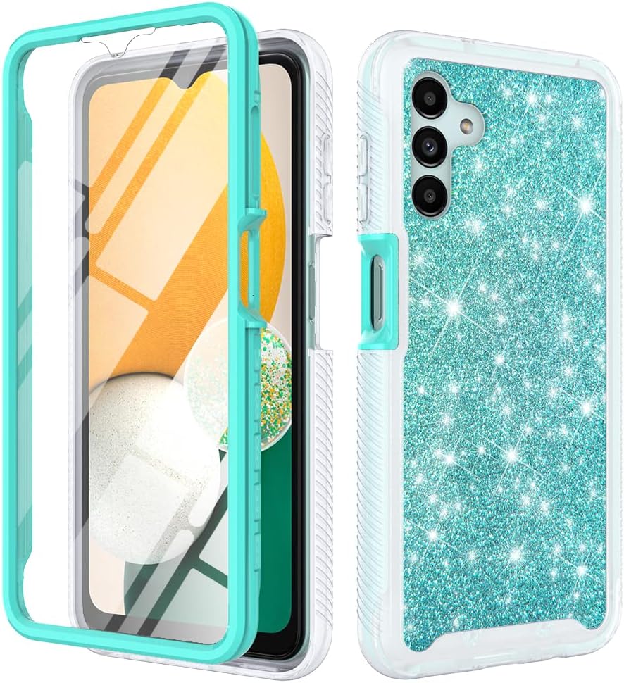 TJS Funda compatible con Samsung Galaxy A13 5G, con protector de pantalla integrado, cubierta protectora de cuerpo completo con purpurina y bonito