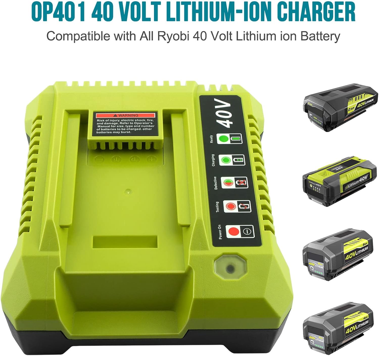 ADVTRONICS Cargador OP401 de iones de litio de 40 voltios compatible con batería Ryobi de 40 V OP4026 OP40201 OP40401 OP4050 OP4050A OP40501 OP40601