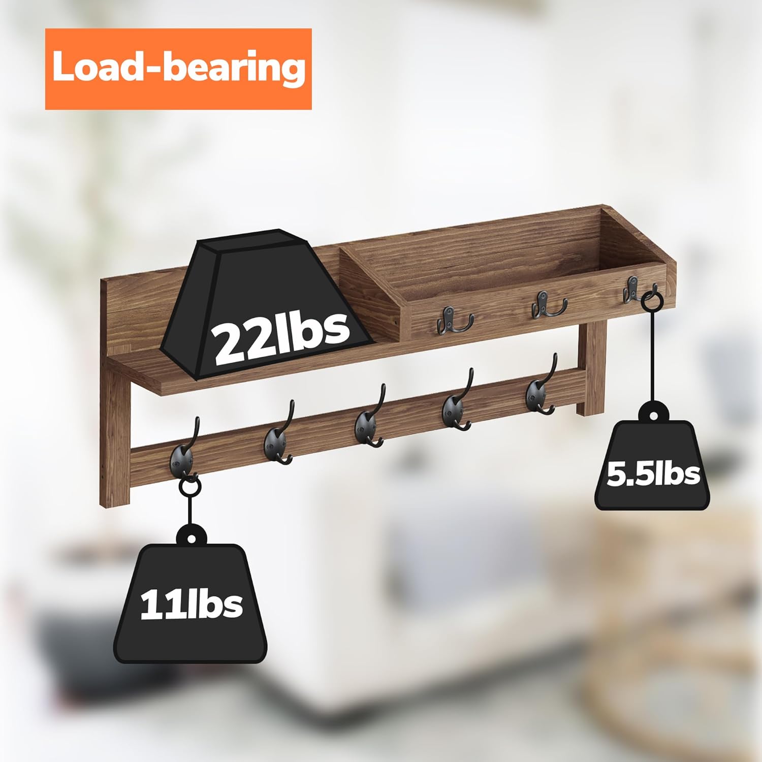 AMBIRD Ganchos de pared con estante de 26.57 pulgadas para colgar en la pared, ganchos de madera para colgar abrigos de pared con estante para