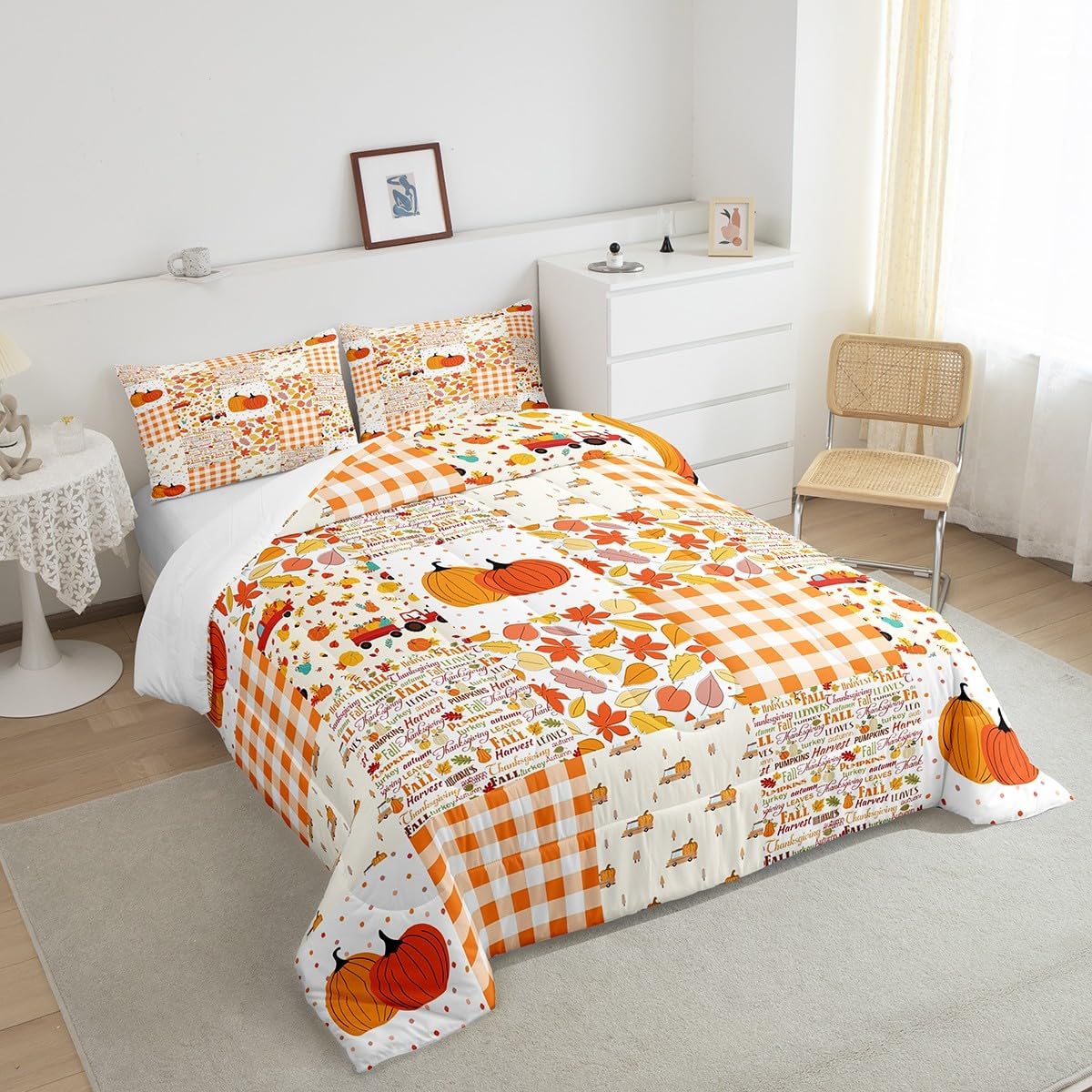 Juego de edredón de calabaza de otoño, tamaño Queen, juego de ropa de cama de Acción de Gracias, 3 piezas de hojas de arce, tractores de granja,