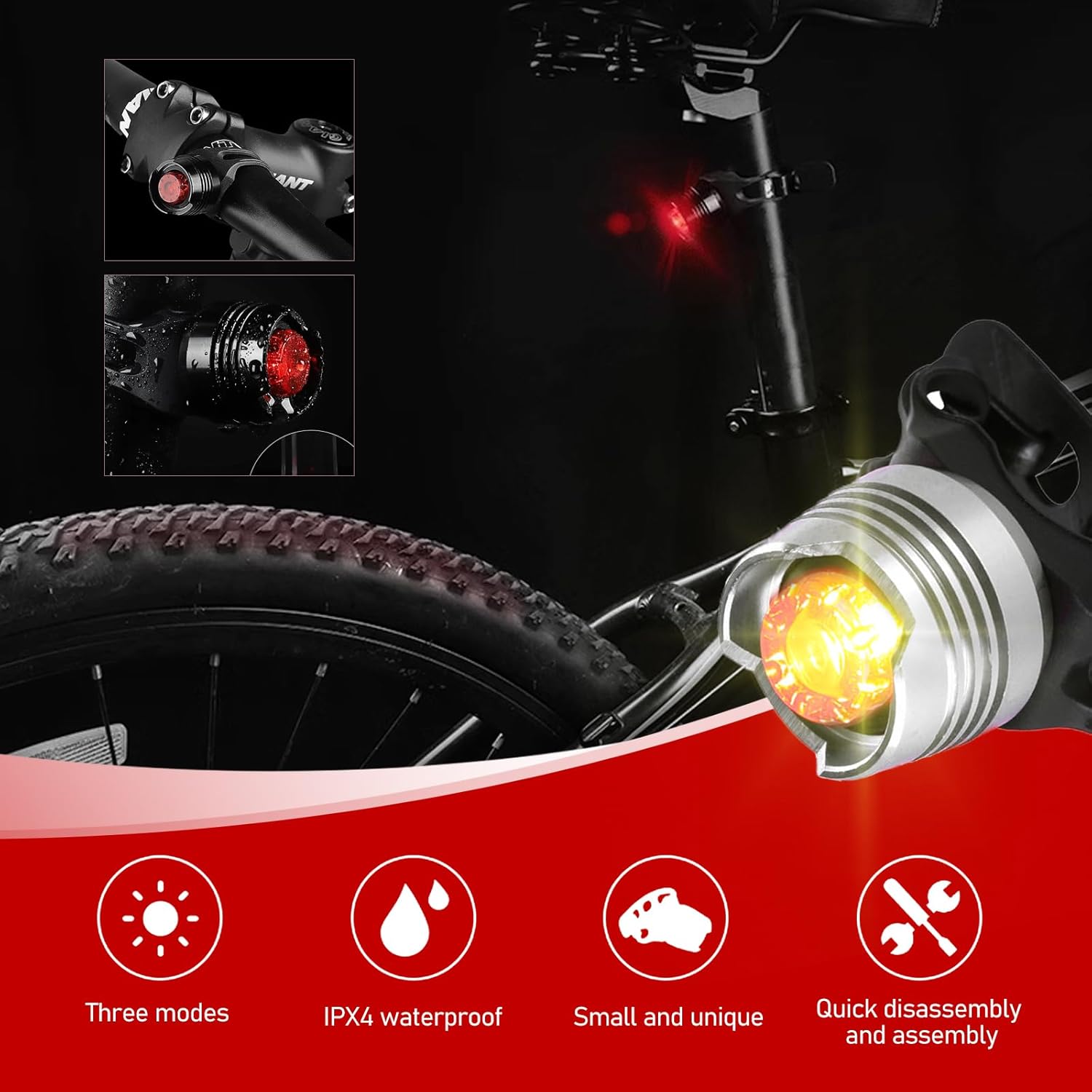 2 luces traseras de bicicleta, luz trasera de espejo con gemas de reflejos, luces LED de micro bicicleta con correa para ciclismo nocturno (plateado)