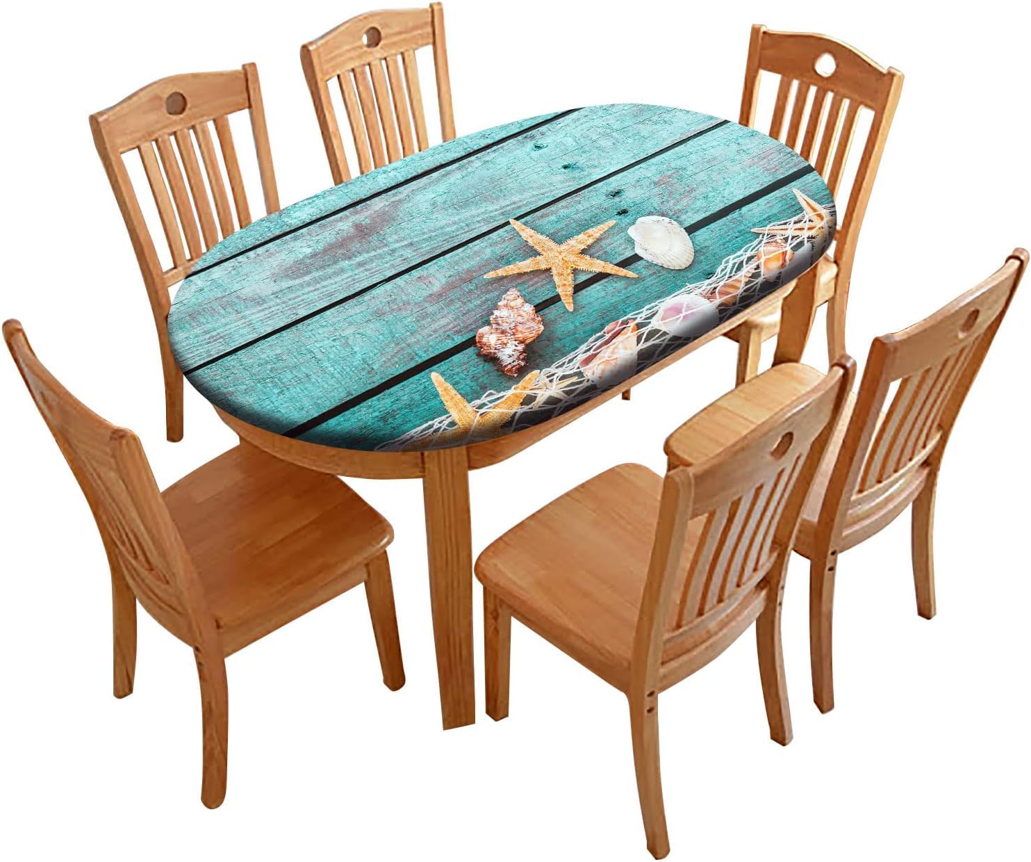 RenteriaDecor Mantel ajustable de grano de madera, ovalado, diseño de estrella de mar con conchas y borde elástico, manteles de poliéster para