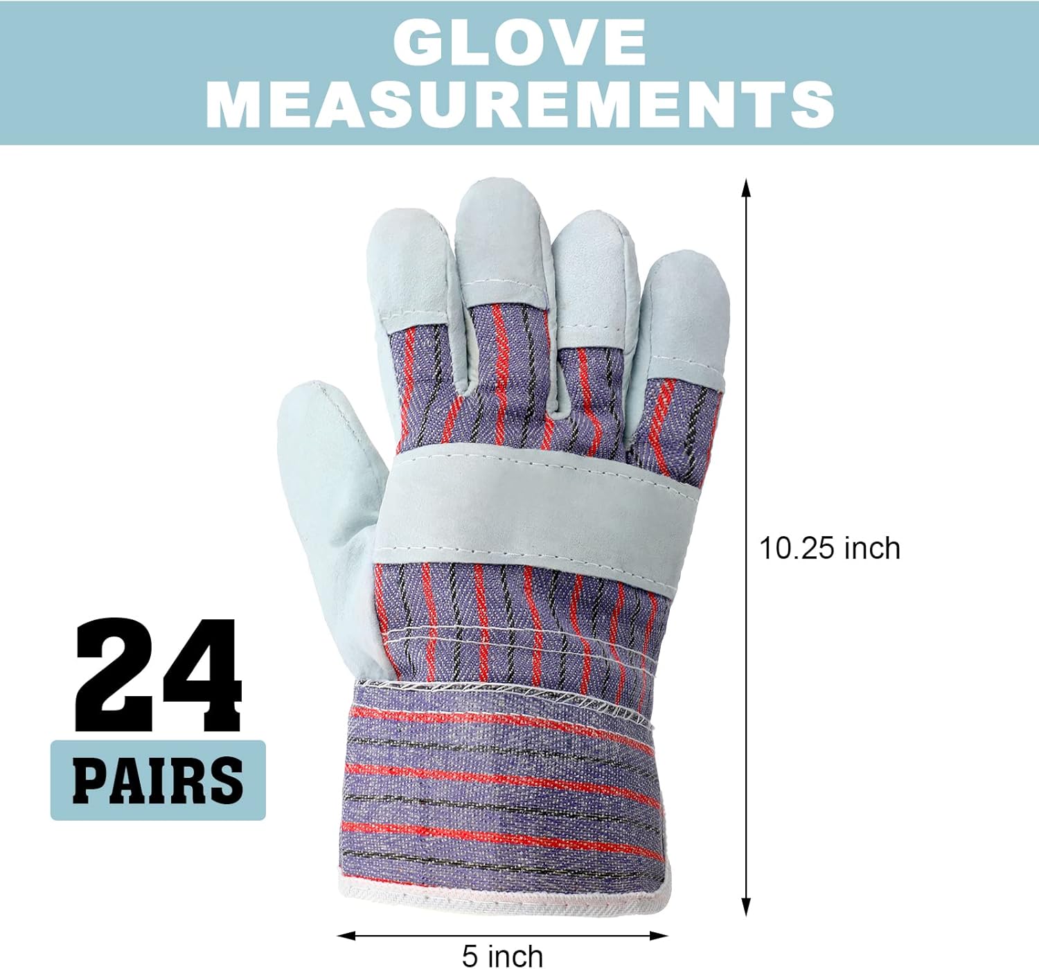 Jiuguva 24 pares de guantes de trabajo de algodón, guantes de cuero de seguridad, guantes de jardinería con palmas reforzadas de alta resistencia
