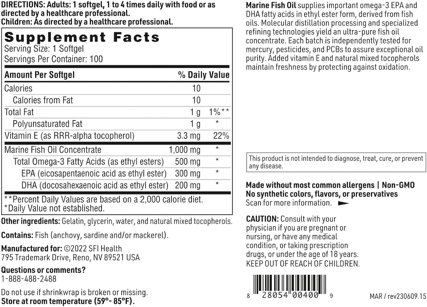 Klaire Labs Aceite de pescado marino  Ultra puro 300 miligramos EPA y 200 miligramos DHA Omega 3 sin sabor sin sabor a pescado, sin gluten (100