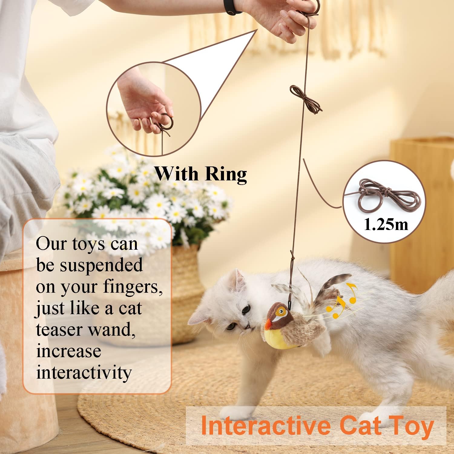 Paquete de 2 juguetes para gatos, paquete interactivo de juguetes para gatos de interior, plumas, plumas, pájaro y gato, ratón chirriante, lindo