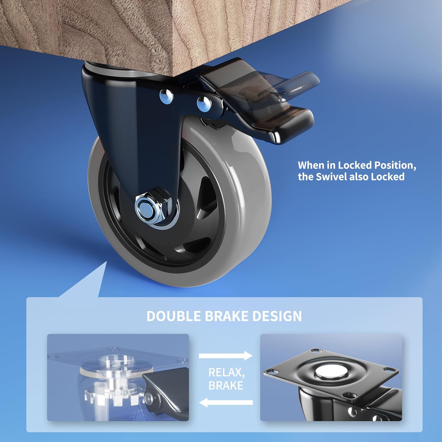 Juego de 4 ruedas de 3 pulgadas con bloqueo doble de seguridad, ruedas giratorias con rodamientos de bolas dobles, ruedas industriales para muebles,