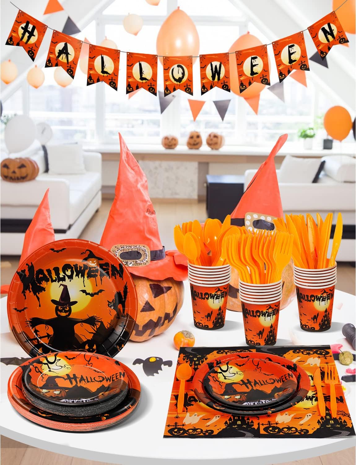 141 piezas de suministros para fiesta de Halloween  Decoración de fiesta de Halloween incluye platos, vasos, servilletas, pancarta, cubiertos,