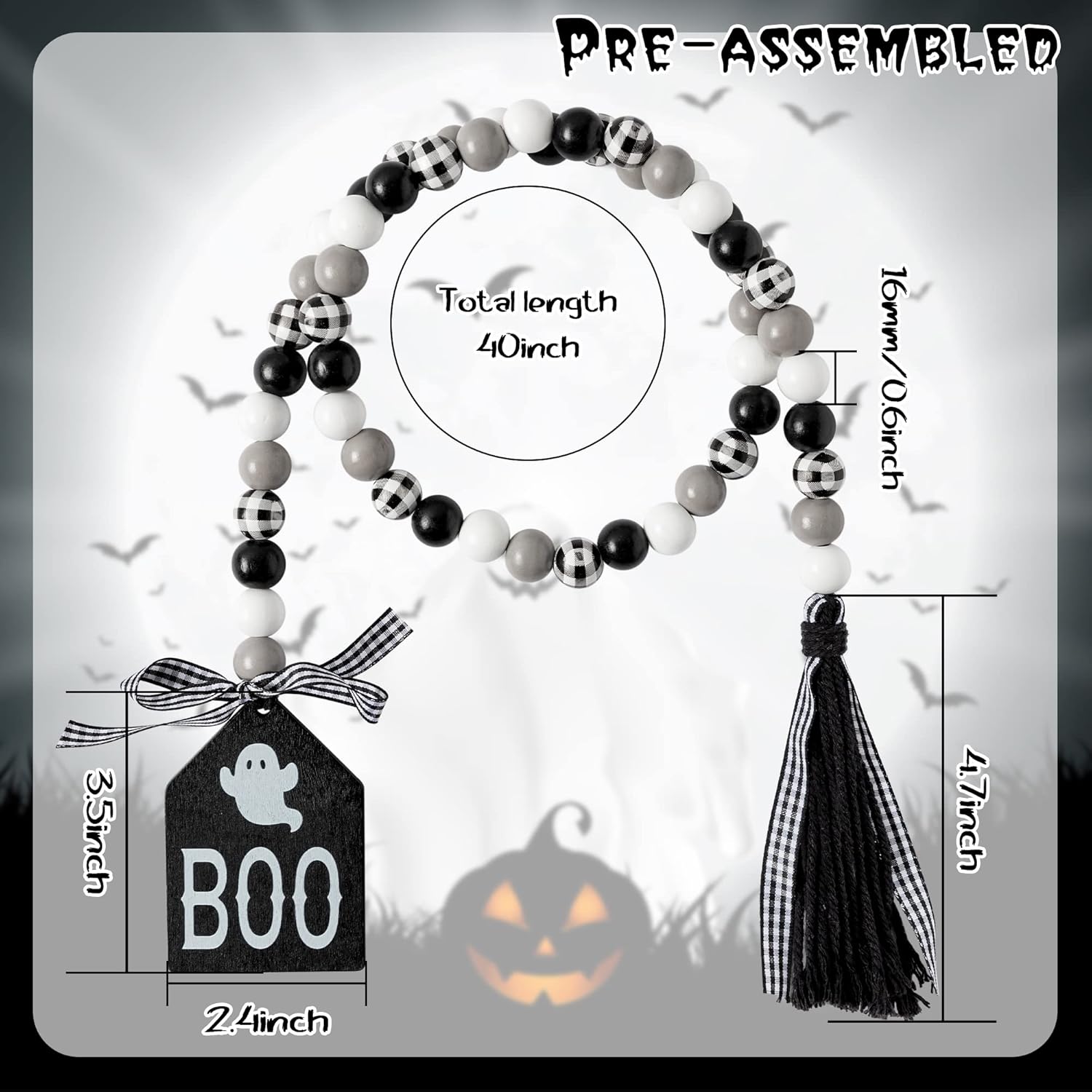 Guirnalda de cuentas de madera de Halloween, guirnalda de cuentas de madera de 40 pulgadas con cuerda de yute, borla a cuadros, etiqueta clásica de