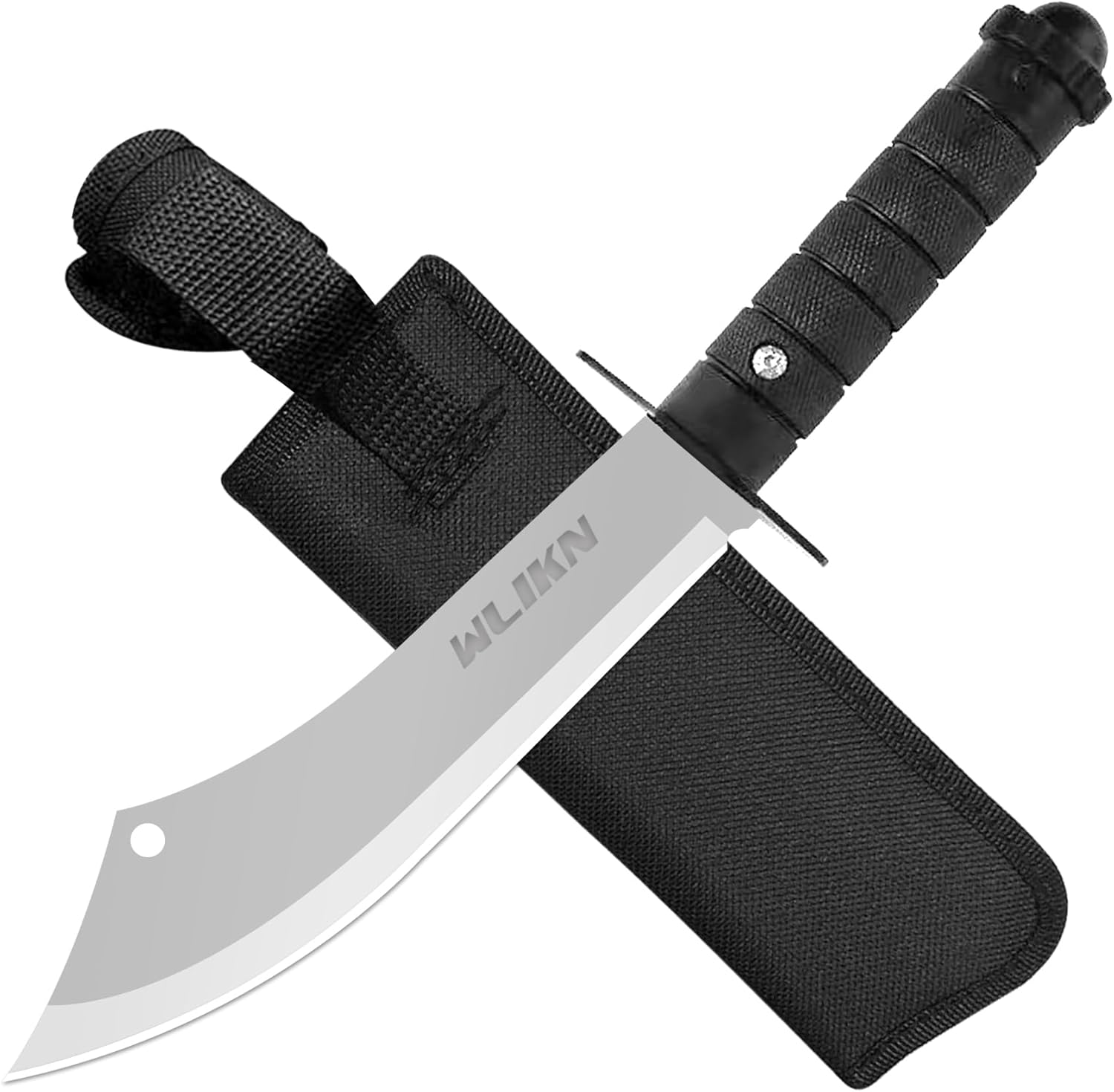 Wlikn Cuchillo de hoja fija con funda, cuchillo Bowie de supervivencia de hoja de un solo filo fuerte con mango antideslizante, para camping, caza y