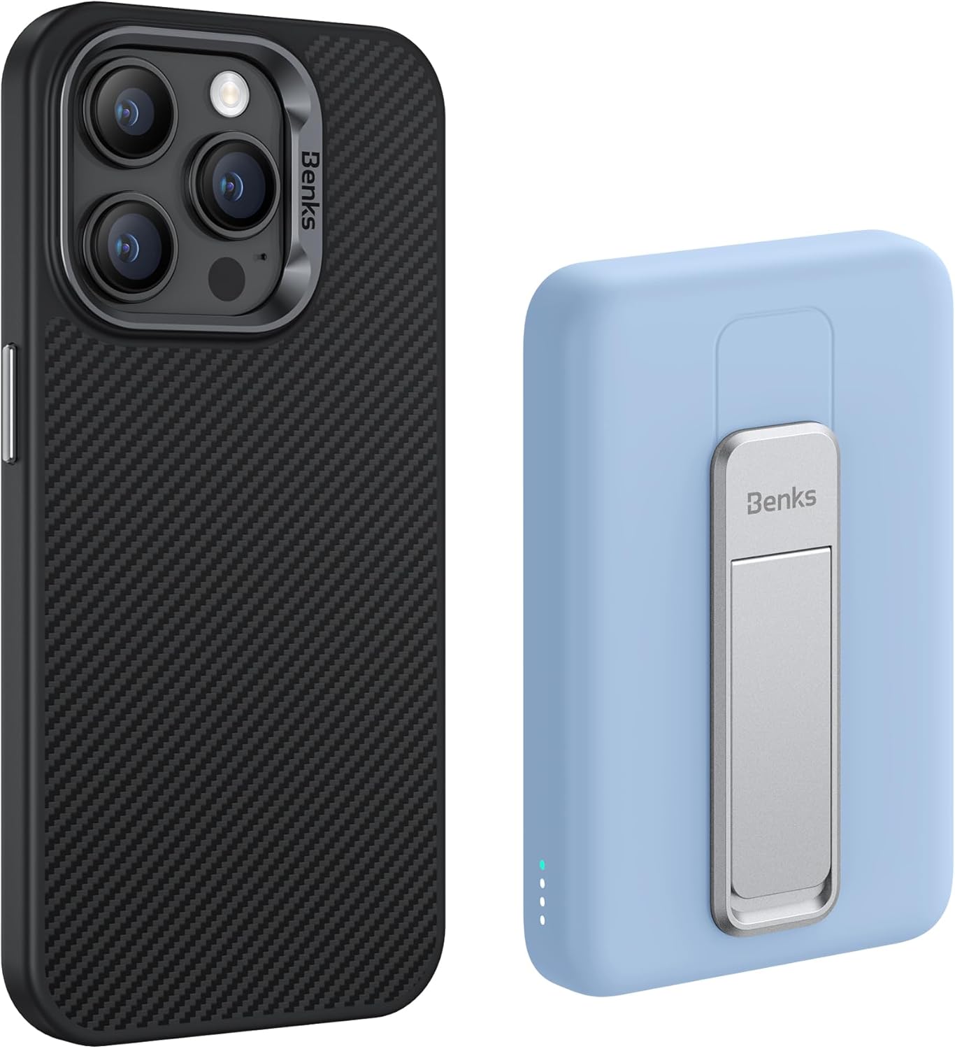 BENKS Funda para iPhone 15 Pro Max fabricada con fibra de aramida Kevlar 600D + banco de energía magnético MagClap StandGo de 10000 mAh