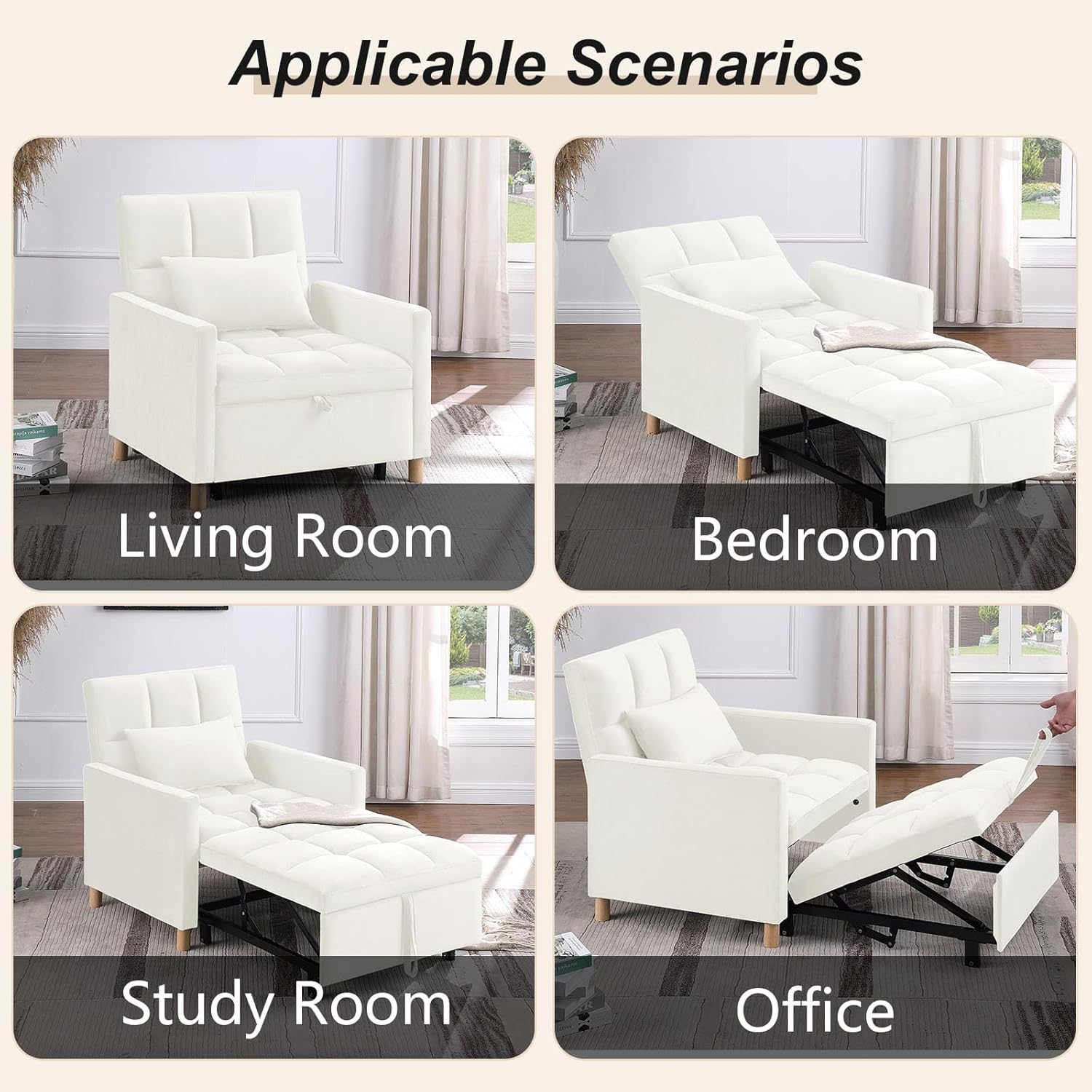 Silla convertible cama, silla convertible 3 en 1, sofá cama, sofá multifuncional con respaldo y bolsillo ajustables, silla extraíble para sala de