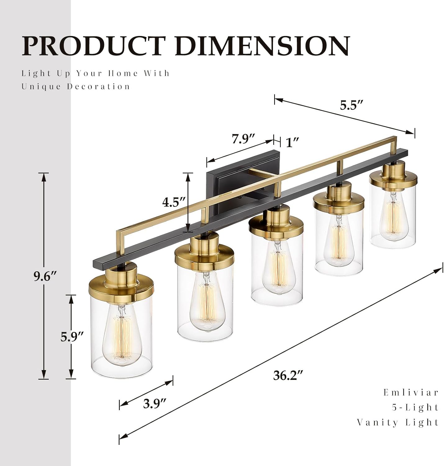 Emliviar Lámparas de baño de 36 pulgadas con pantalla de vidrio transparente, modernas luces de tocador sobre espejo para baño, dormitorio, pasillo,