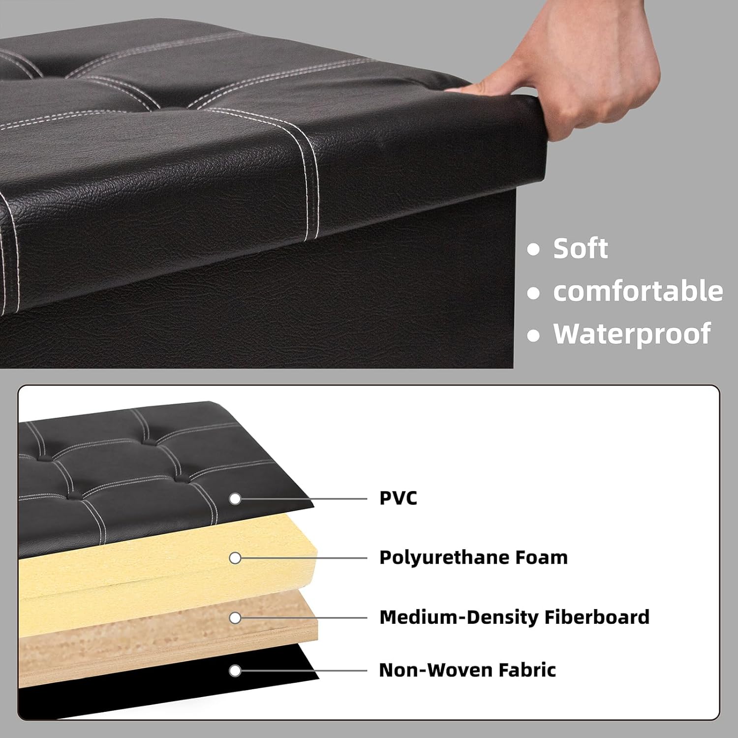 Otomana plegable de almacenamiento de 30 pulgadas, otomana de cuero sintético negro, banco de almacenamiento para dormitorio, sala de estar y