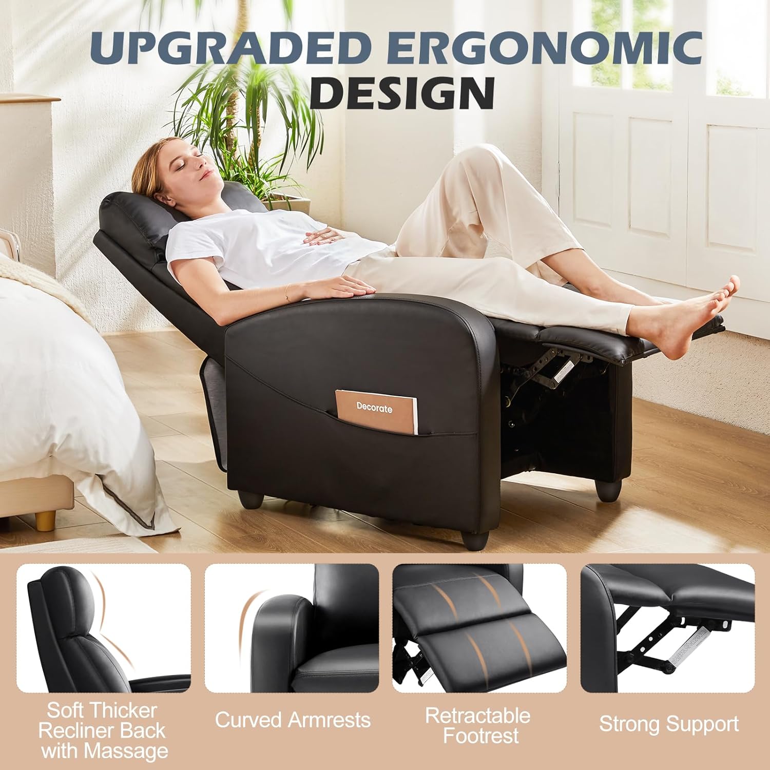 Sweetcrispy Silla reclinable para adultos, asiento reclinable pequeño de piel sintética para cine en casa con soporte lumbar, silla reclinable
