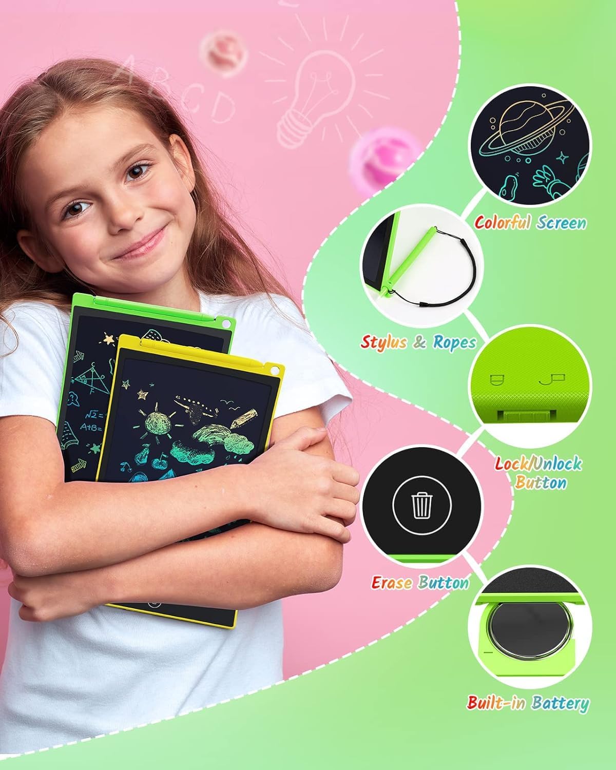 TECJOE Paquete de 2 tabletas de escritura LCD, tableta de dibujo colorida de 8.5 pulgadas para niños, juegos de viaje, actividades de aprendizaje,
