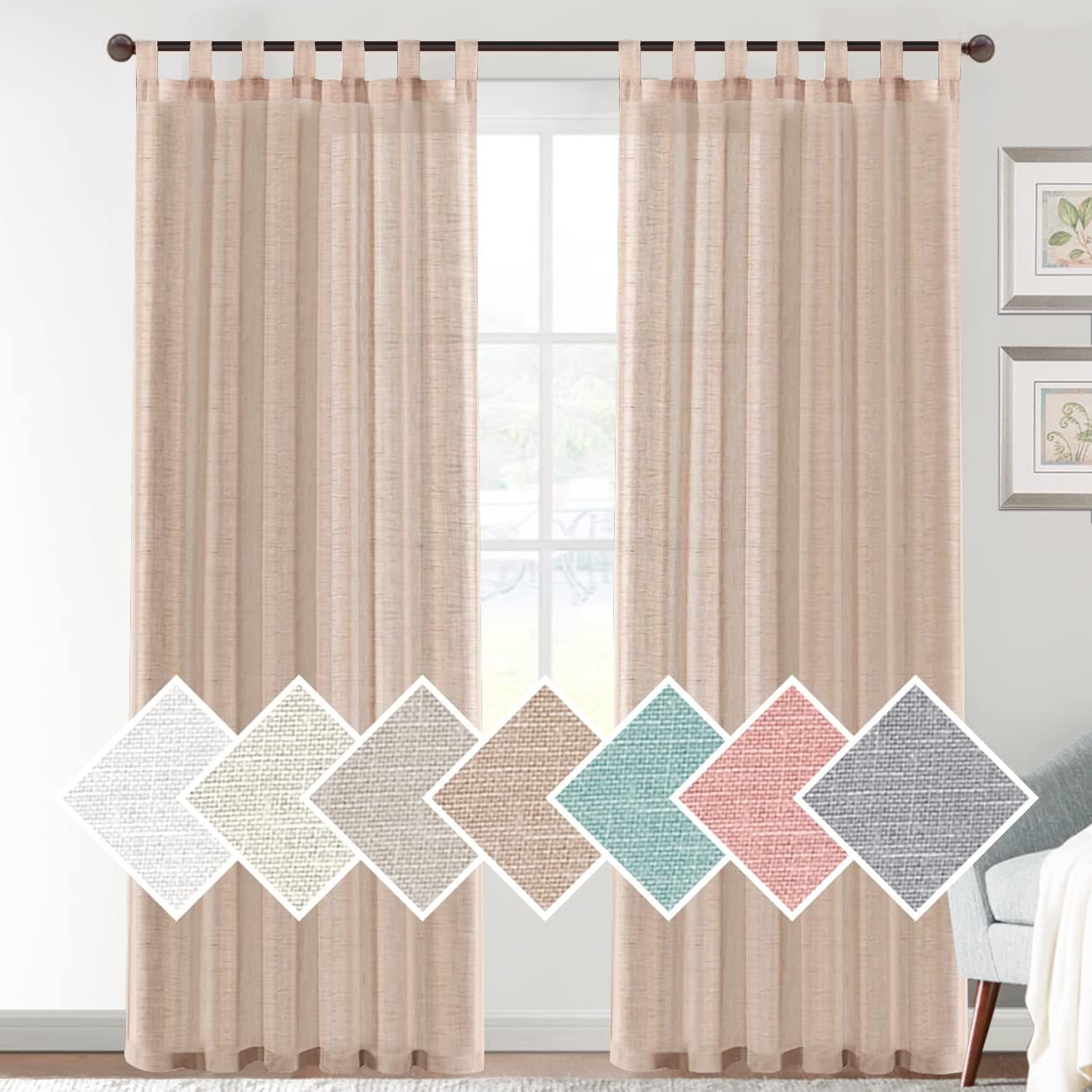 H.VERSAILTEX Cortinas transparentes de lino natural de 63, 72, 84, 95 pulgadas  169, 182.88, 213.36, 241.3 cm. de largo  Juego de cortinas