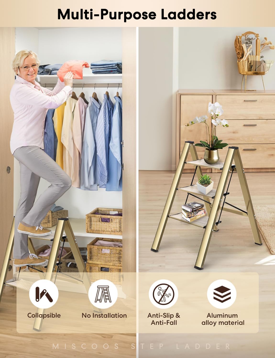 Miscoos Escalera de 3 escalones, taburete plegable portátil ligero con pedal antideslizante resistente y ancho, capacidad de 330 libras, escalera de