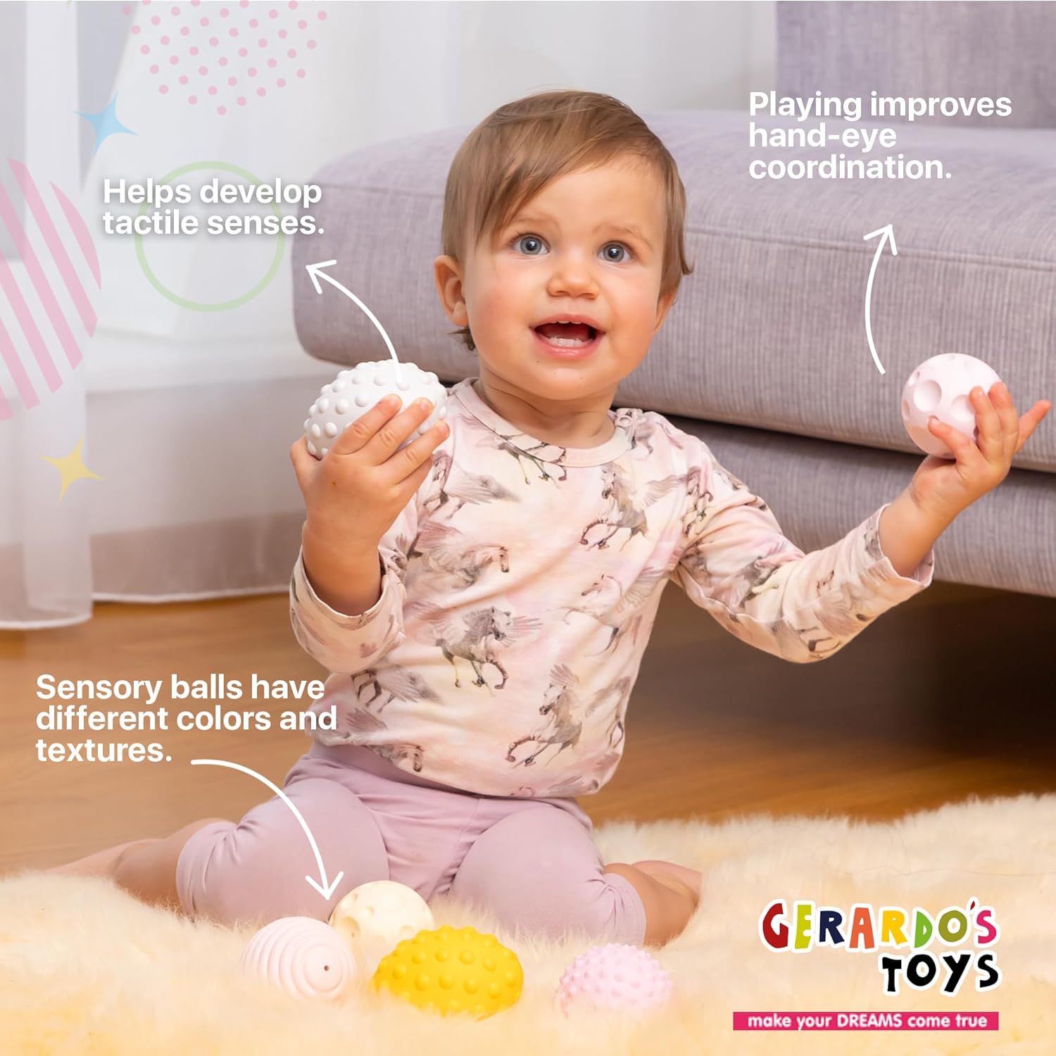 GERARDO’S Toys My First Sensory – Juego de 4 bolas sensoriales con bolsa de lino, formas de superficie suave, texturizada, sensaciones táctiles,