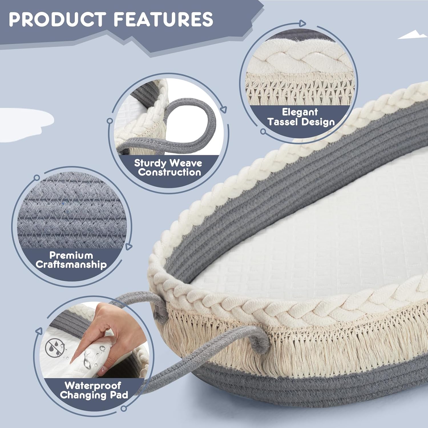 Cesta cambiadora para bebé, cesta de moisés con almohadilla impermeable y manta, cesta tejida portátil y lavable para tocador y cambio de pañales