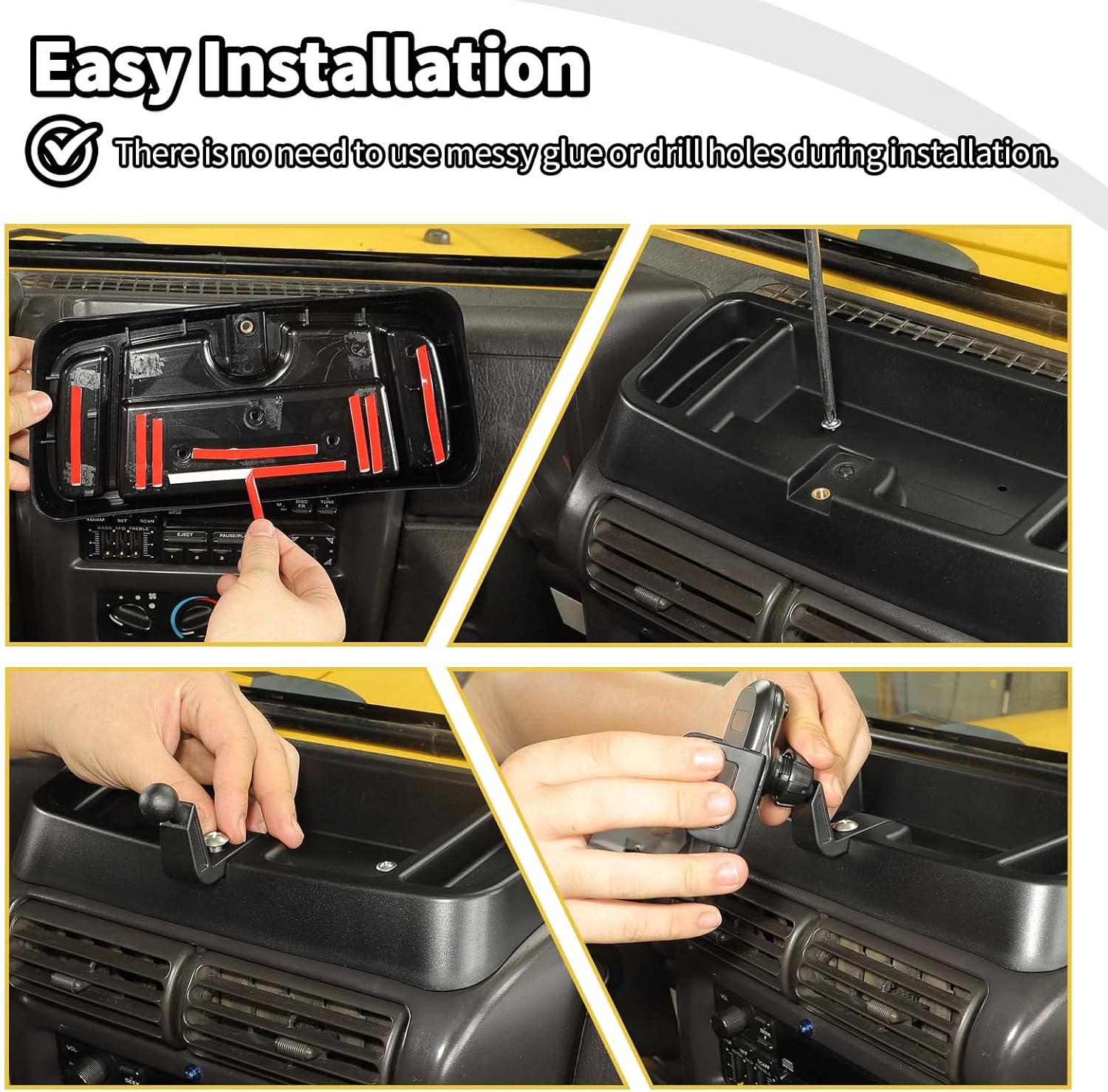 JWWY Soporte de teléfono para Jeep TJ con bandeja de almacenamiento compatible con accesorios Jeep Wrangler TJ 1997-2006, color negro