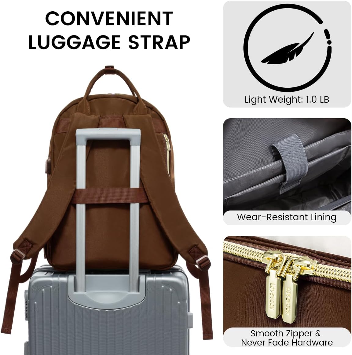 LOVEVOOK Mochila para laptop para mujer, mochila de trabajo de moda con puerto USB, mochilas impermeables para el trabajo., Marrón -beige, Moda