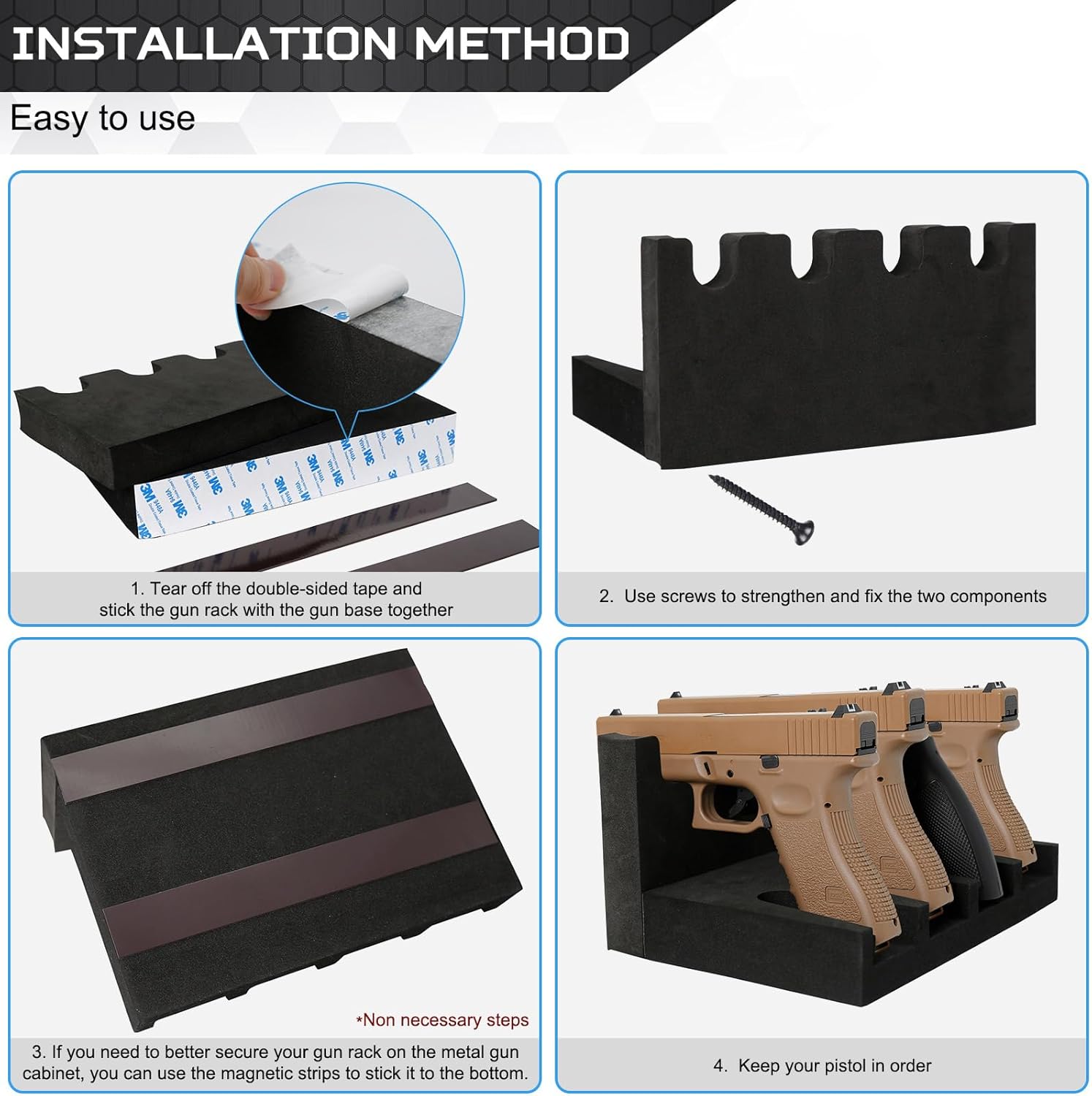 Estante para pistola seguro  Soporte de pistola de espuma para gabinete de armas, soporte de pistola de mano con 2 tiras magnéticas para 4 pistolas,