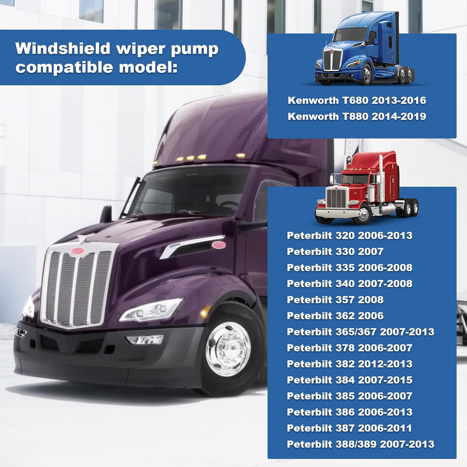 Paquete de 2 bombas de líquido para limpiaparabrisas de camión con arandelas de goma de repuesto para Kenworth T880 T680 y Peterbilt 104307 T4695001