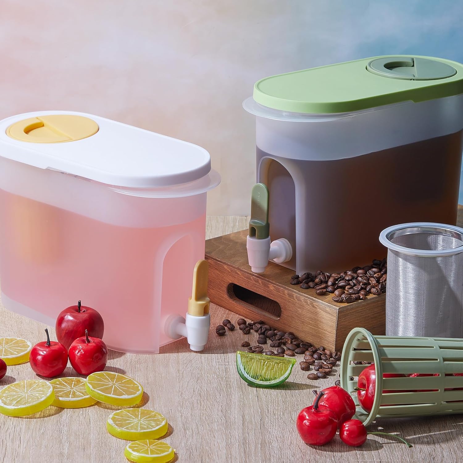 3 juegos de cafetera fría de 1 galón, jarra de café helado con filtro de malla de acero inoxidable y espita, jarra de preparación fría, dispensador