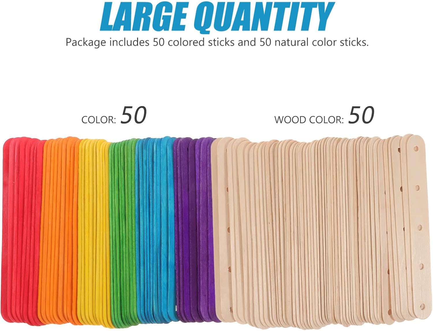 MAGICLULU 100 palitos de madera coloridos para helados con agujeros, colores mixtos, palitos grandes de madera para manualidades (colorido + color