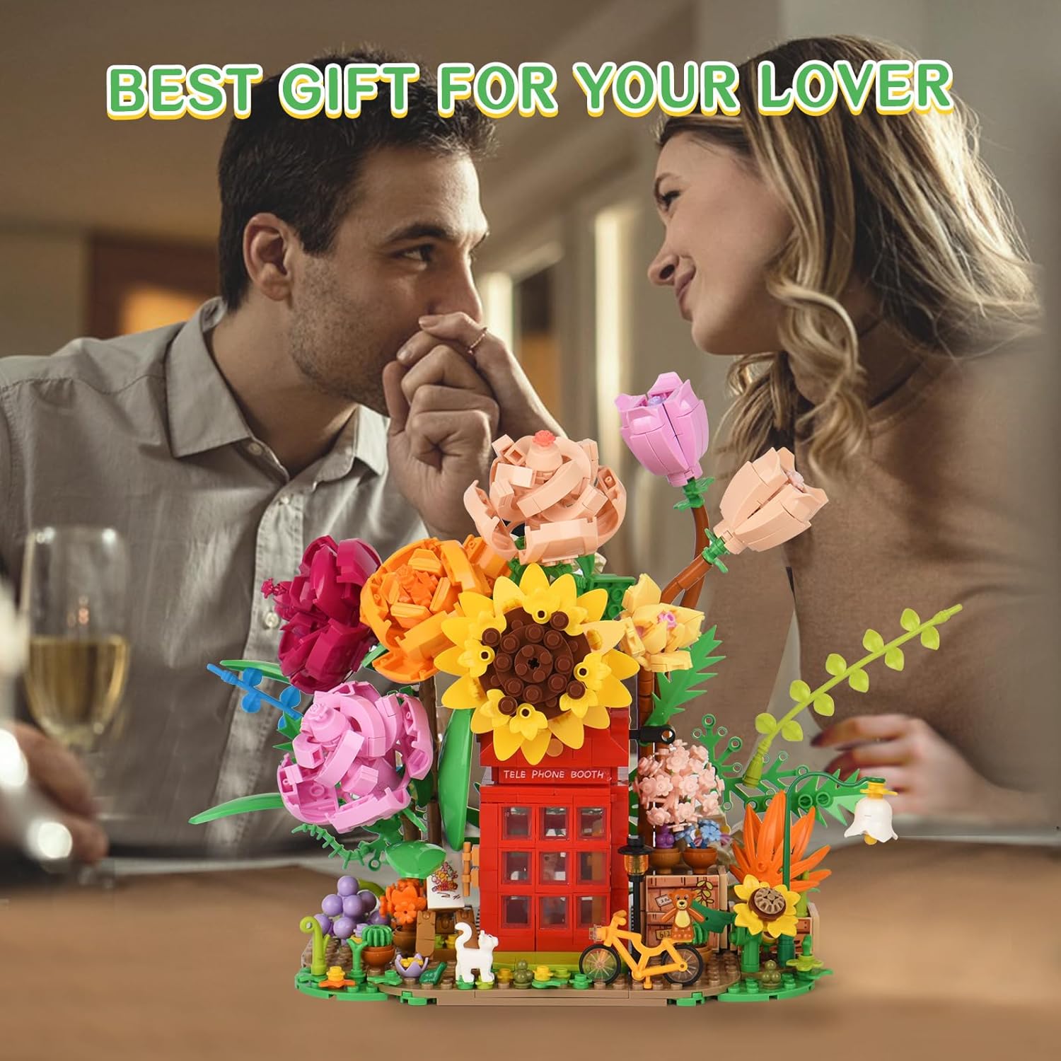 Allhero Juego de construcción de ramo de rosas con cabina telefónica, bicicleta, lindo animal, kit de construcción de ramo de flores coloridas para