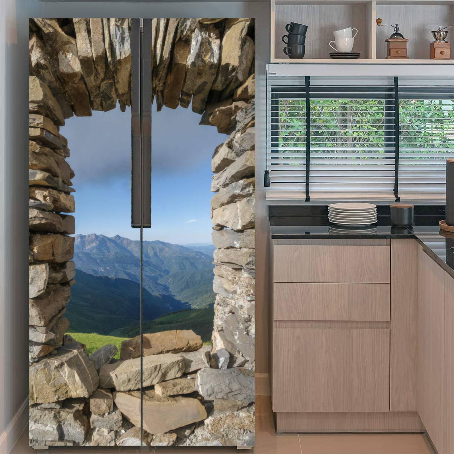 Juego de envoltorio de vinilo autoadhesivo para refrigerador, diseño de montañas vistas desde el interior de una ventana arruinada, adhesivo