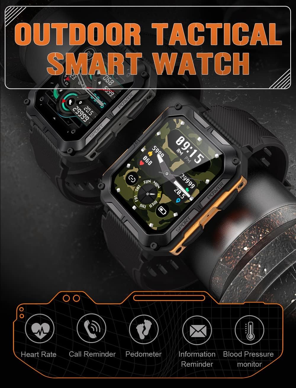 Relojes inteligentes militares de 1.83 pulgadas para hombres, reloj táctico de presión arterial, hacer y responder llamadas, contador de pasos con