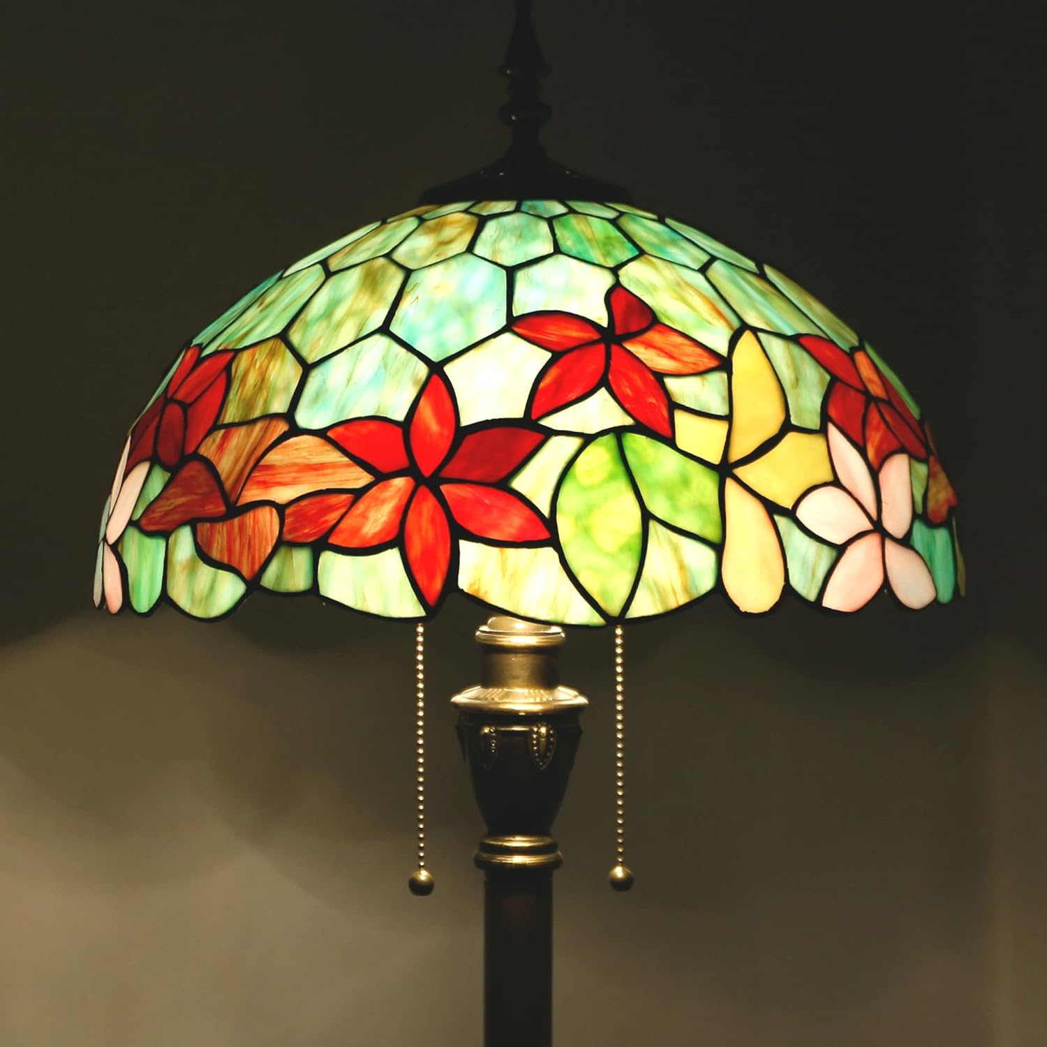 Tiffany – Lámpara de pie con vitrales, 16 x 16 x 70 pulgadas, luz de lectura antigua (flores rojas y verdes)